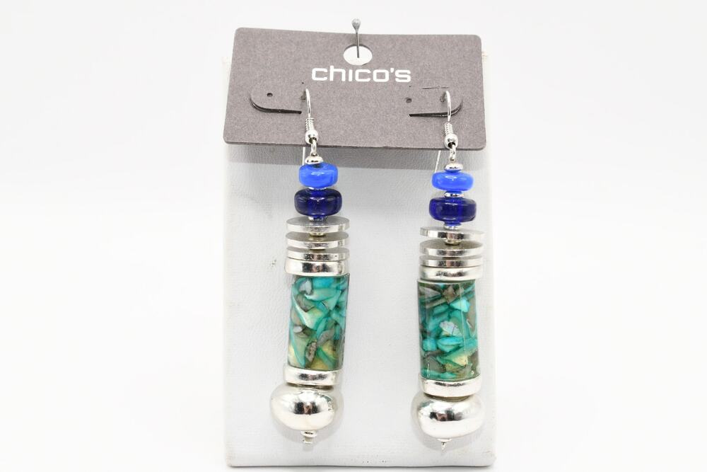 Chico’s Chunky Beaded Dangle Earrings 3” Turquoise Blue